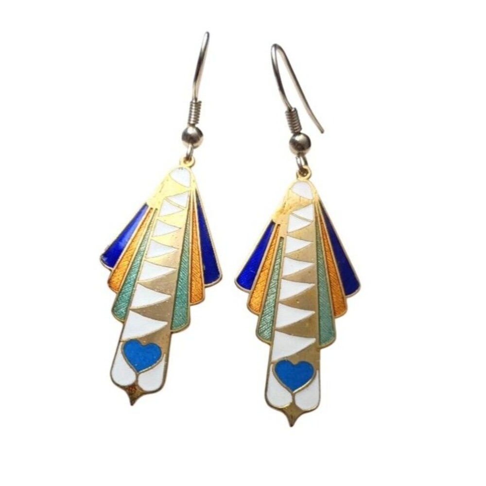 Vintage Art Deco Style Fan Enamel Dangle Earrings Blue Heart Detail